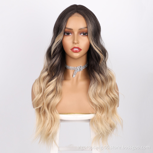U Part Lace Front Long Wavy Highlight Ombre Blonde Premium Curly Heat Resistant High Quality Wholesale Synthetic Wig Women Use